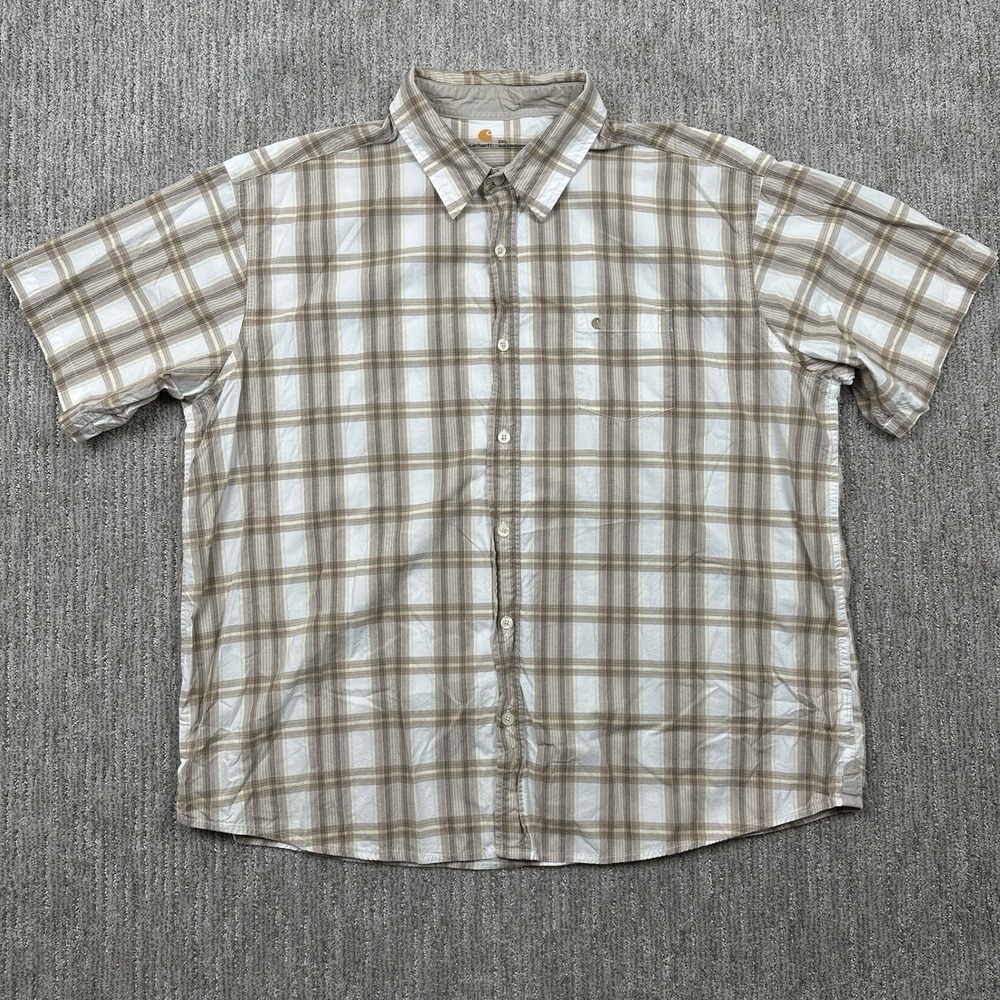 Carhartt Shirt Mens Button Down Short Sleeve Relaxed Fit Beige White Plaid 2XL